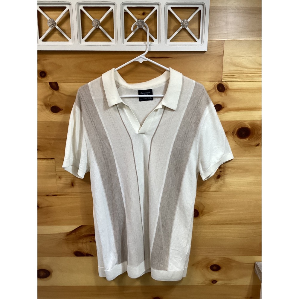 Abercrombie & Fitch Mens Medium Off-White Striped Silk Blend Knit Polo Shirt